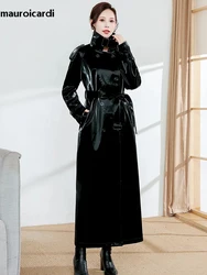 Mauroicardi Autumn Waterproof Extra Long Black Reflective Shiny Patent Pu Leather Trench Coat for Women Belt Runway Y2K Clothes