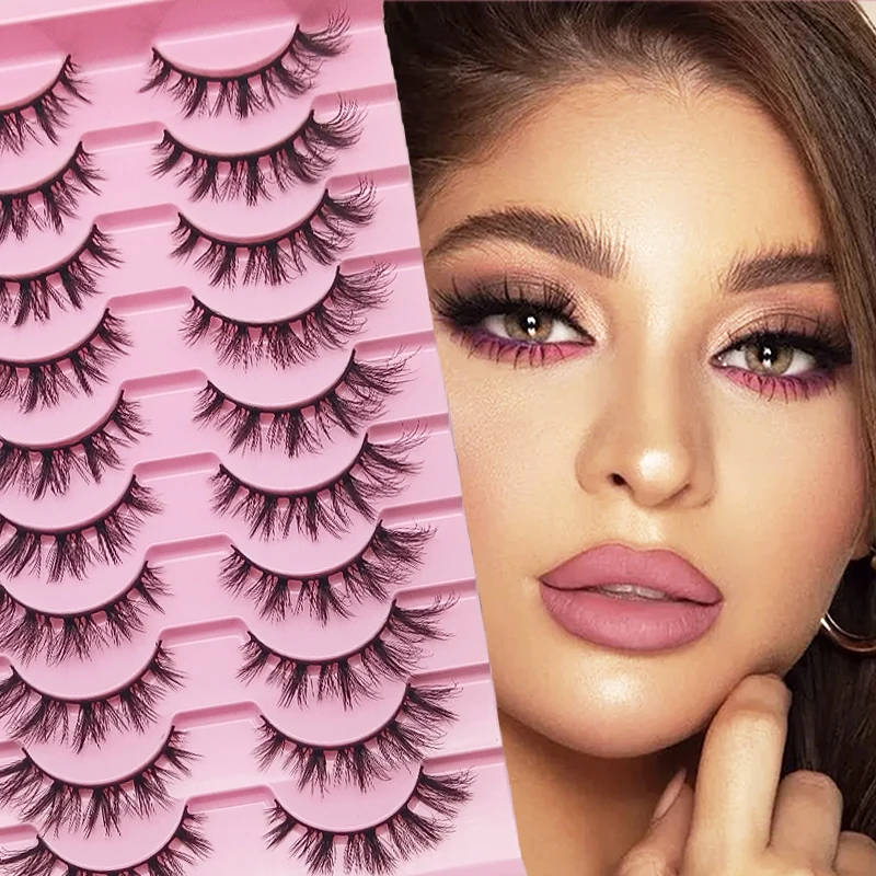 10 pares de cílios postiços com mosca diagonal, cílios fofos encaracolados naturais integrados, destaque de olhos brilhantes
