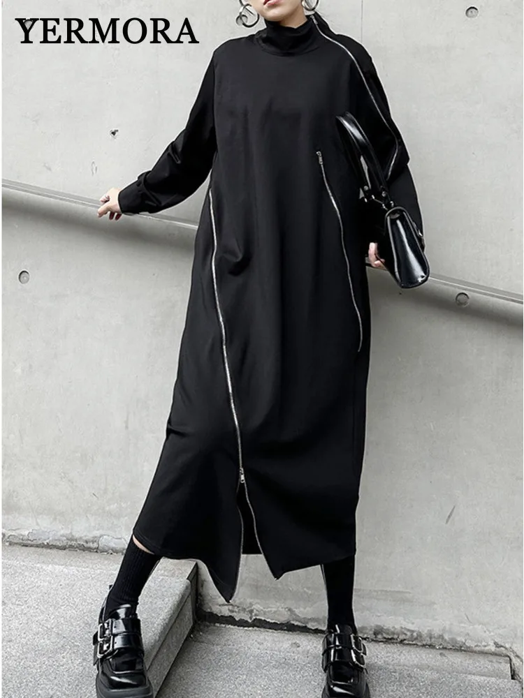 YERMORA Women Black Zipper Big Size Casual Dress Turtleneck Long Sleeve Loose Fit Fashion Tide Spring Autumn 2025 New A309