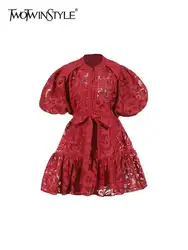 TWOTWINSTYLE Hit Color Spliced Lace Up Mini Dresses For Women O Collar Long Sleeve High Waist Patchwork Button Dresses Female