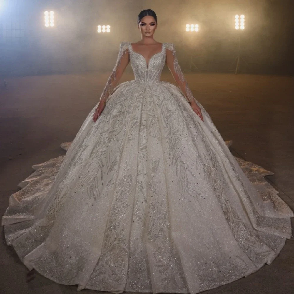 

Flavinke Customized Luxury Organza Ball Gown Long Sleeve Bridal Dresses Sequined Beads Wedding Gown Bride Robe Vestido De Novia