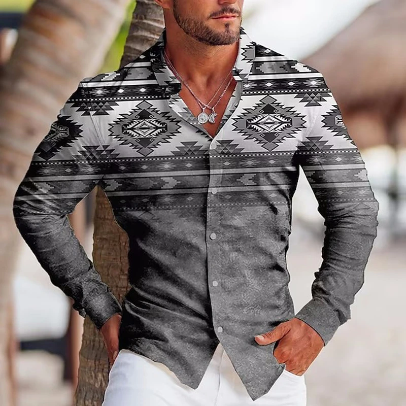 Men's retro patterned autumn shirts casual men's long sleeved shirt outdoor personality men's tops street loose men's clothing