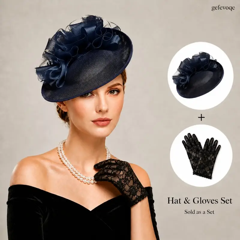 

Women Fascinator Hat Lace Gloves Set Vintage Tea Party Headwear Mesh Hair Accessories for Wedding Cocktail Party Kentucky Derby