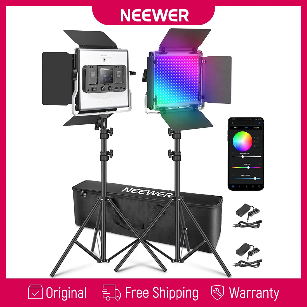 NEEWER 660 Pro II RGB LED-Videoleuchte, 2er-Pack 50W verbesserte Version mit App-Steuerung & Stützkit, CRI97+, 1% stufenlose Dimmung, kein Farbverschiebung, 3200K-5600K einstellbares Bi-Color-Licht