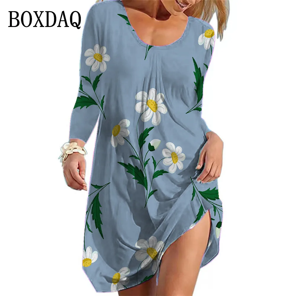 2022 New Women Plant Flowers Print ​Dress Long Sleeve O-Neck Boho ​Mini Dress Autumn Casual Loose Oversized Party Dresses Femme