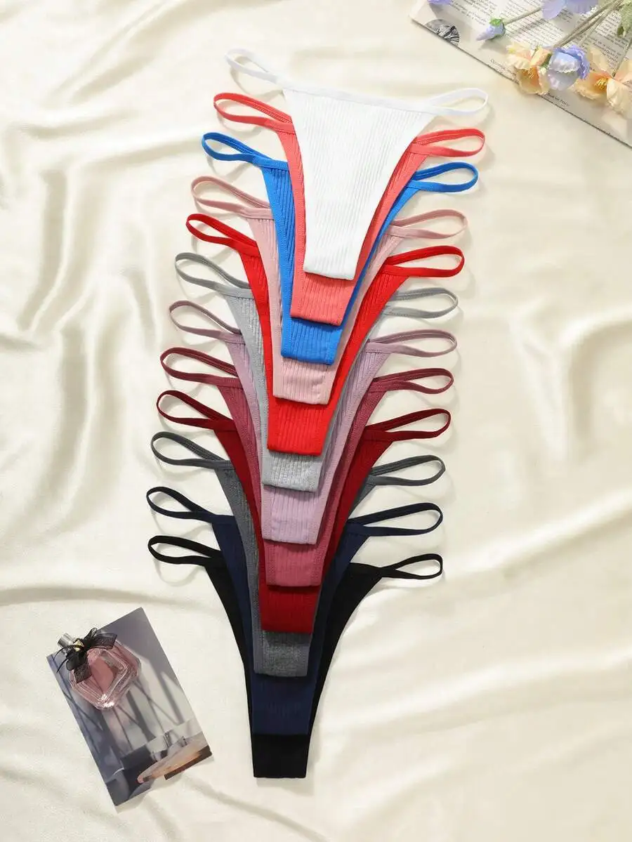 

12pcs Women Solid Color Ribbed Thong Panties Set
