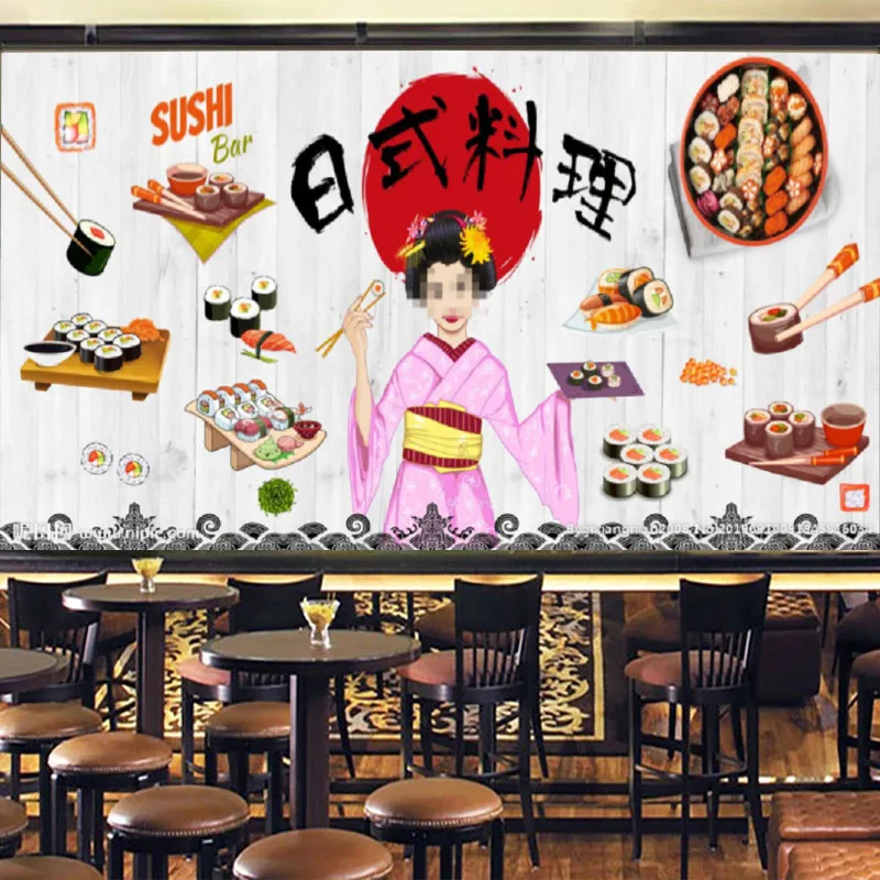 Modern Japanese Lady Gourmet Snack Bar Wallpapers Industrial Decor Delicious Sushi Background Wall Paper Mural Papel De Parede