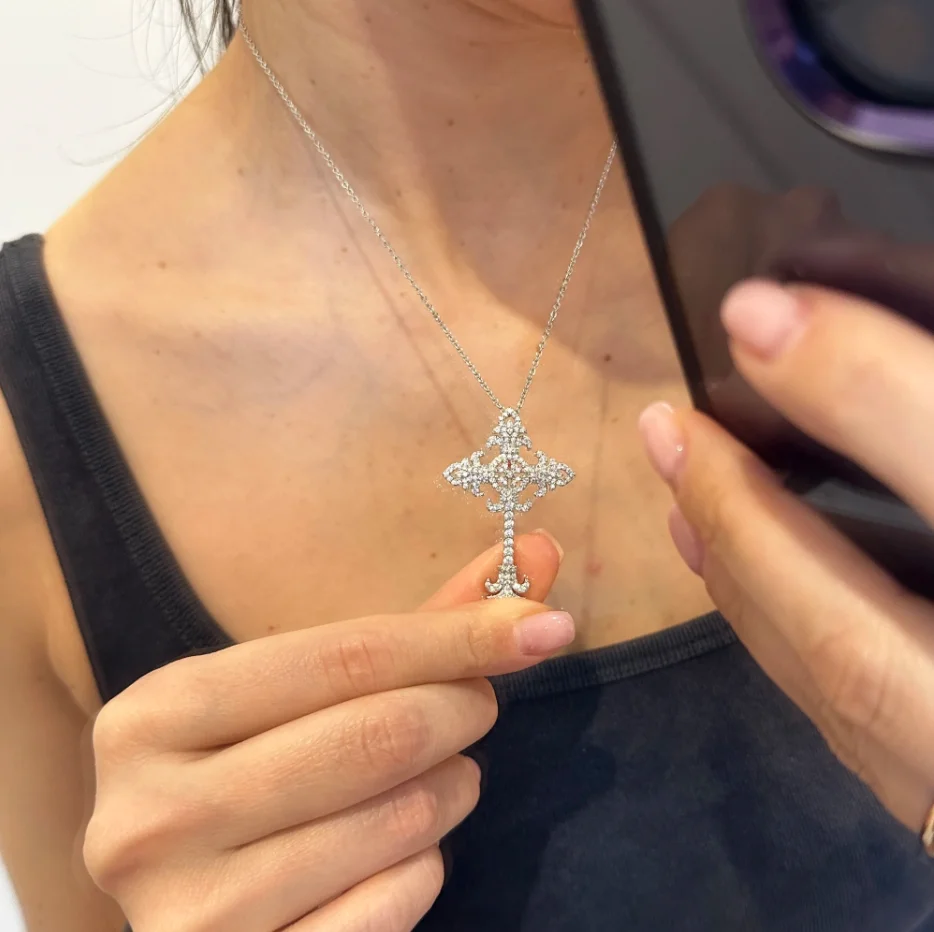 Luxury 925 Silver Diamond Painting full Exquisite Palace Cross Pendant Crown Necklace for Women men Crucifix Charm Jewelry