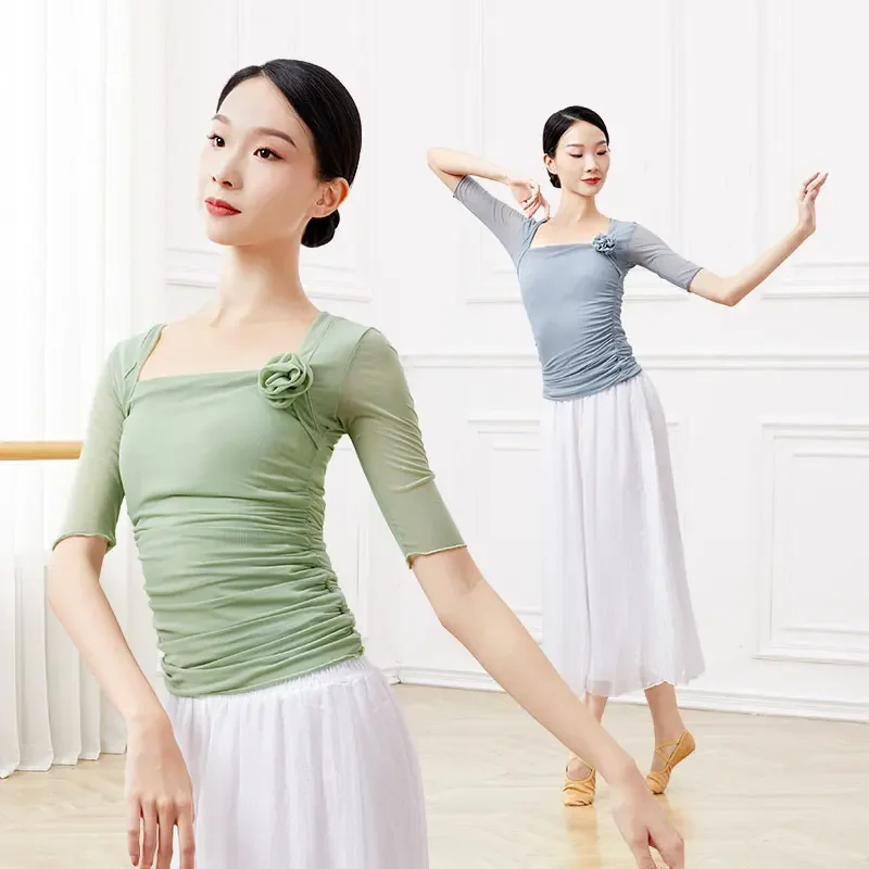 Women Ballet Tops Square Neck Mesh Nylon Medium Sleeves Classical Dance Top 3D Floral T-Shirt Dance Coats