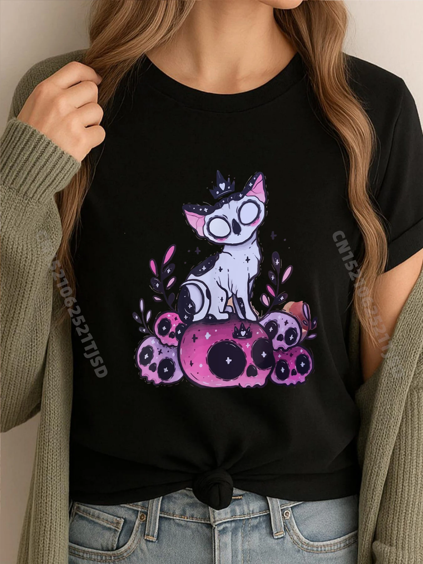 

Розовые футболки с рисунком черепа, котенка, скелета, Хэллоуина, черепа, кошки, мужская одежда, 2022, большие размеры, Harajuku