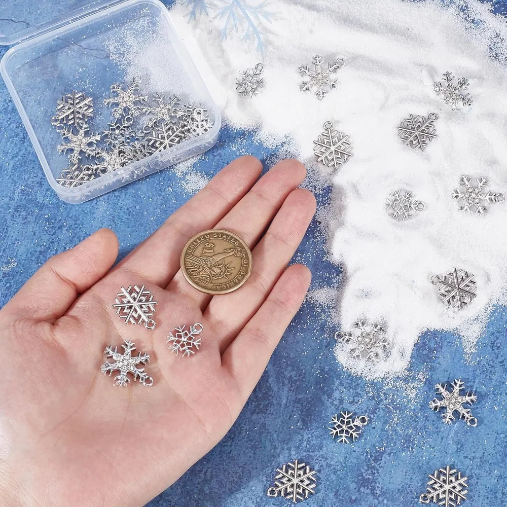 1 Box 36Pcs Snow Charms Snowflake Charms Rhinestone Winter Charm Bulk Christmas Small Alloy Charm Xmas Silver Color making kit