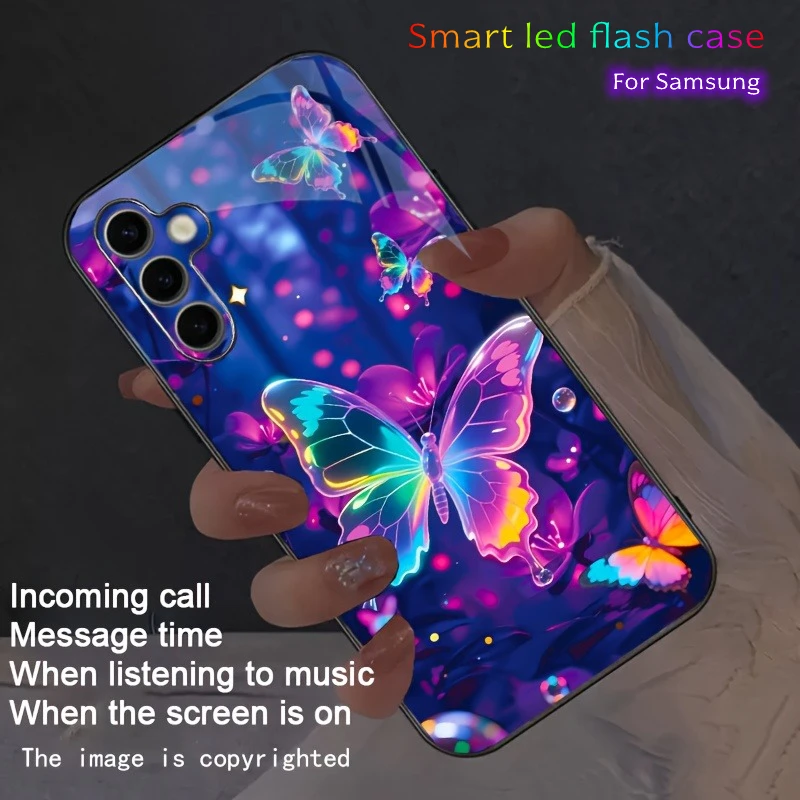 

Dream Flower Butterfly LED Phone Case Luminous For Samsung S24 S25 FE S25 S23 S22 S26 Ultra A17 A56 A16 A55 5G Glass Cover Glow