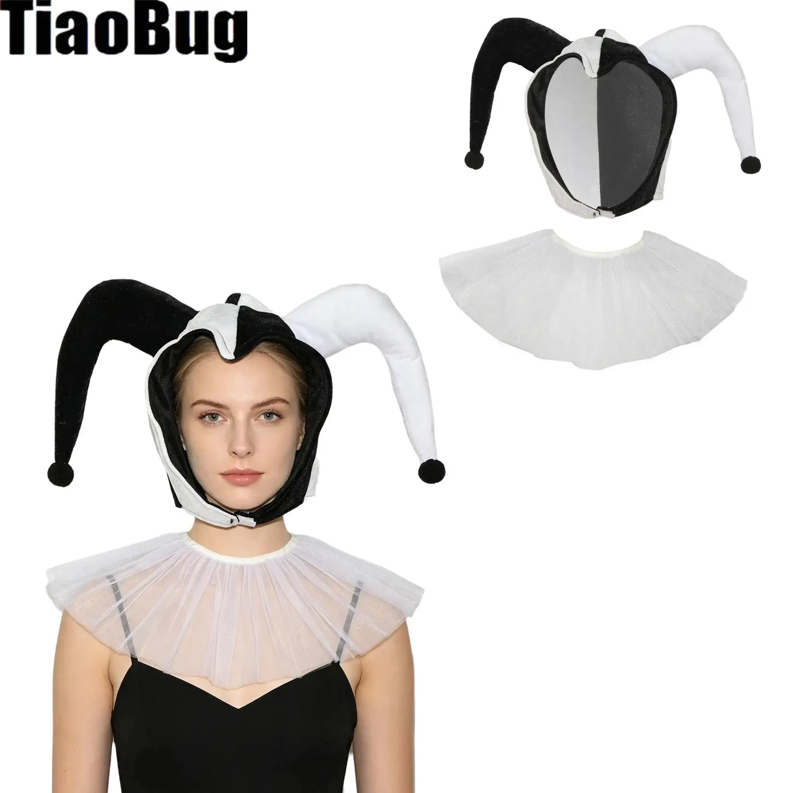 Adults Gothic Contrast Color Horned Hat Cap with Layered Mesh Tulle Faux Collar Costume Accessories for Halloween Cosplay