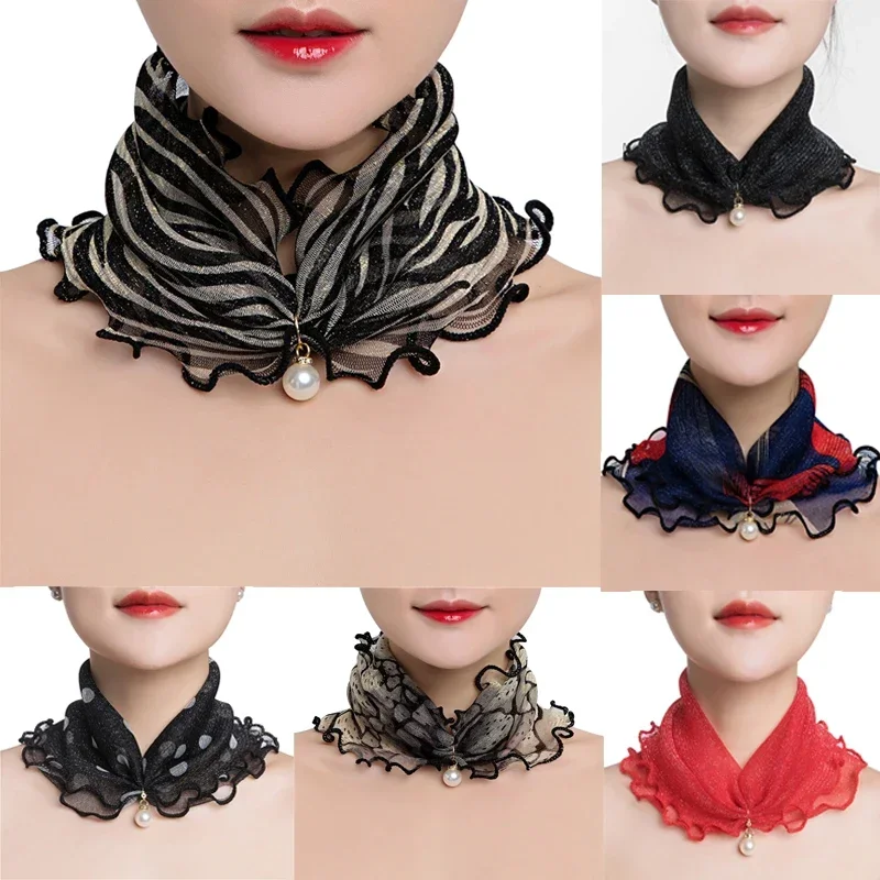 Fake Pearl Pendant Ruffle Lace Scarf Organza Neck Collar Chiffon Scarves Multi-functional Elastic Neckerchief Wrap Shiny Scarf