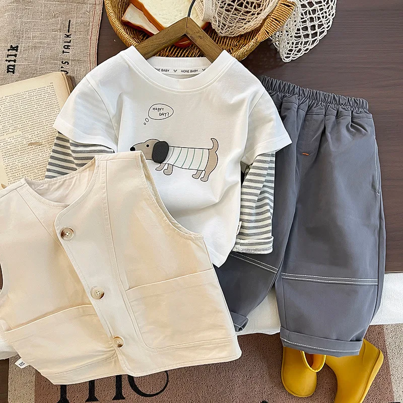 Boys Clothes Sets Spring Autumn Children Cotton Vest T-shirts Pants 3pcs Fashion Suit For Baby Tracksuits Kids Casual Outfits 5Y