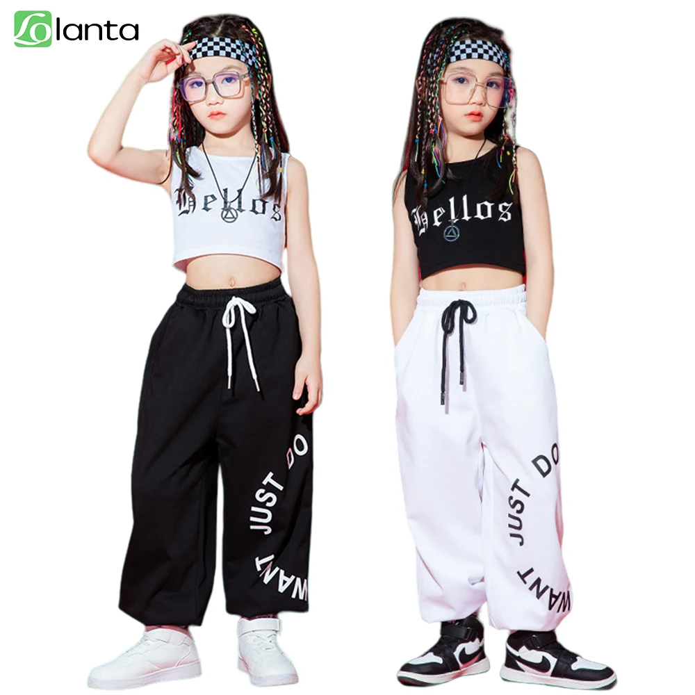 

LOlanta Girls Hip Hop Cotton Tank Top Pants Clothes Suit Kids Jazz Set Children Fashion Walk Dance Performance Black White Dress