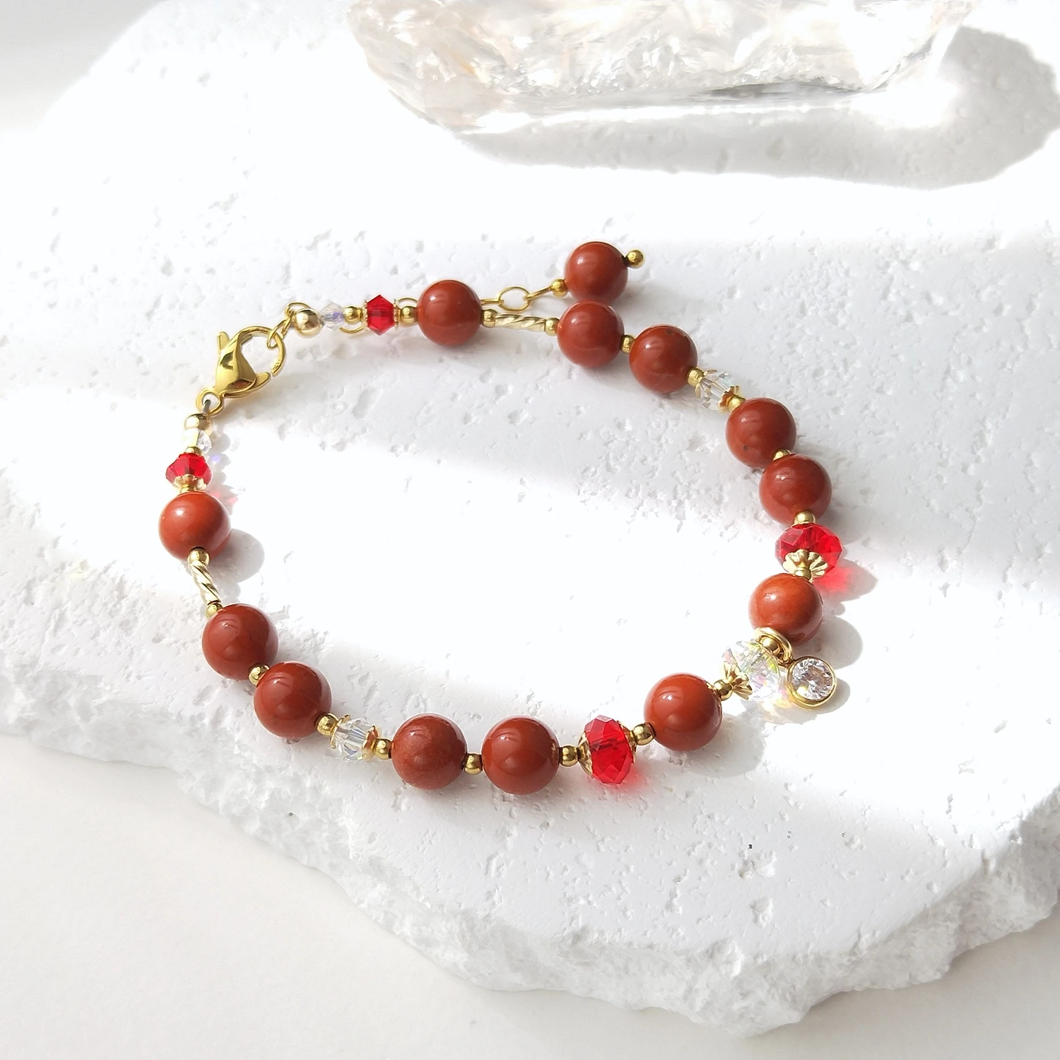 Lii Ji 6mm Red Jasper Natural Stone With Crystal American 14K Gold Filled Bracelet 18+3cm