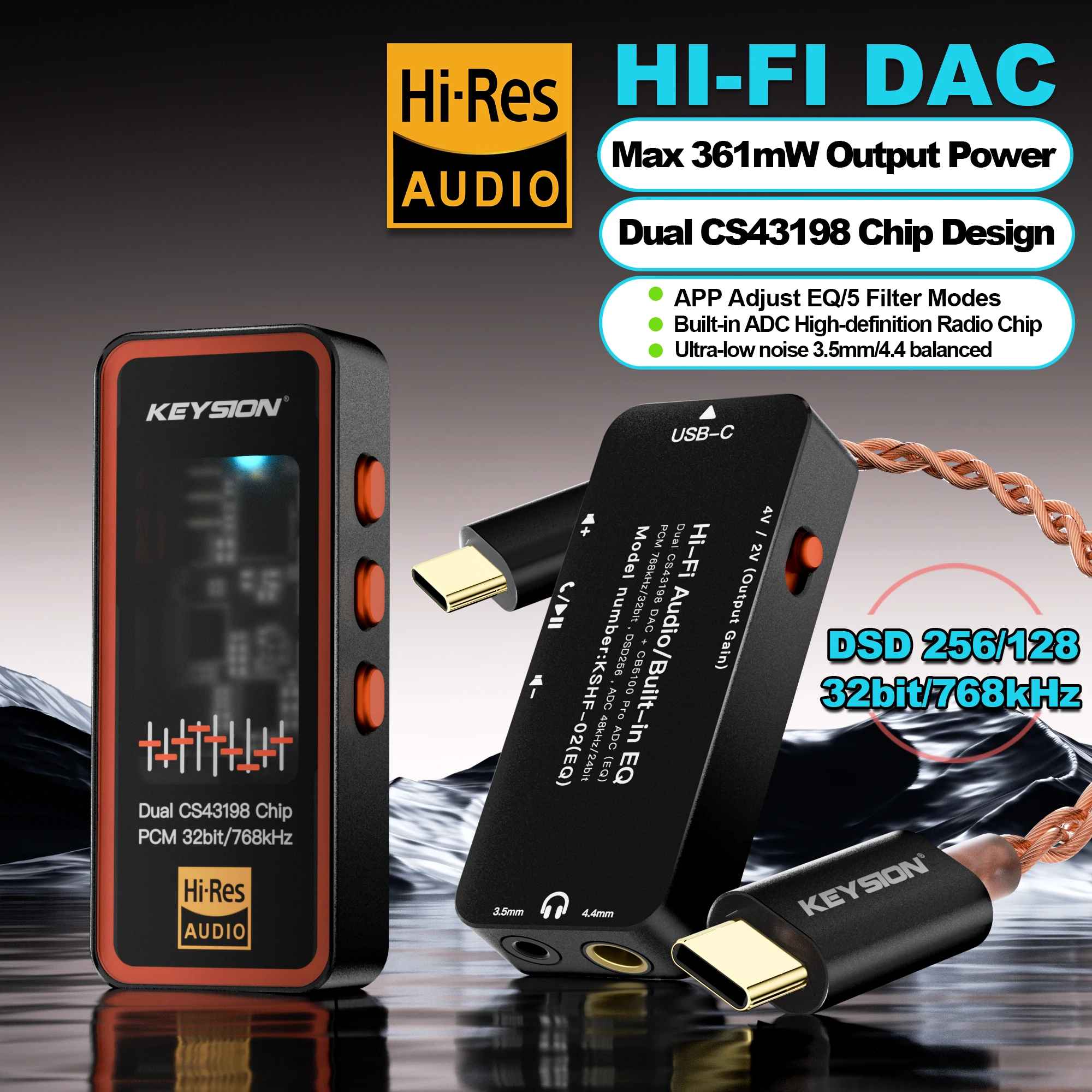 

KEYSION Dual CS43198 DAC Audio Decoder 768kHz DSD256 USB Type-C to 3.5/4.4 Lossless HiFi Headphone Amplifier for iOS Android PC