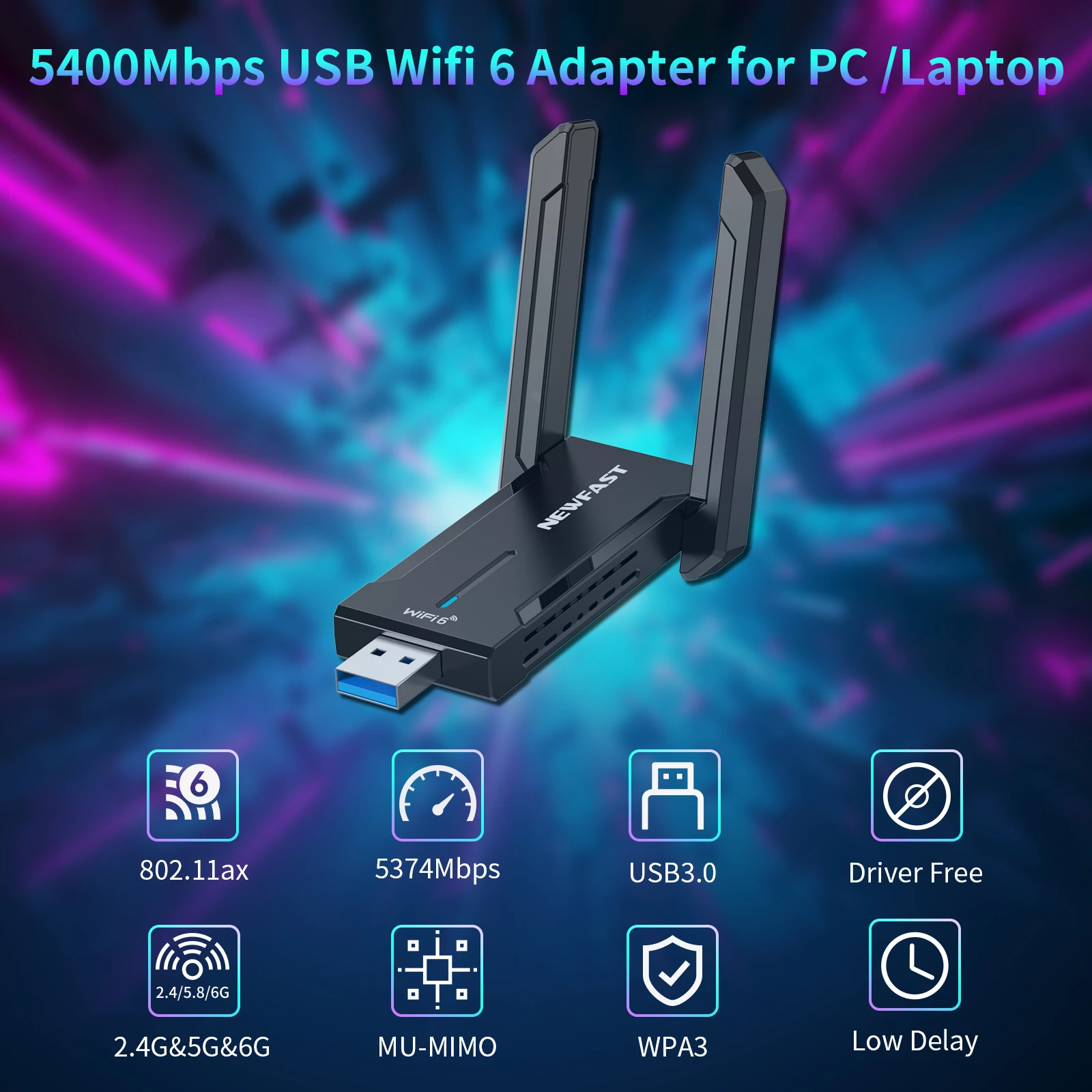 NEWFAST AX5400 WiFi6 USB Adapter 2.4/5.8/6Ghz Gigabit WiFi Antena USB3.0 Gaming Wireless Network Card For PC Win10/11 NF-U353