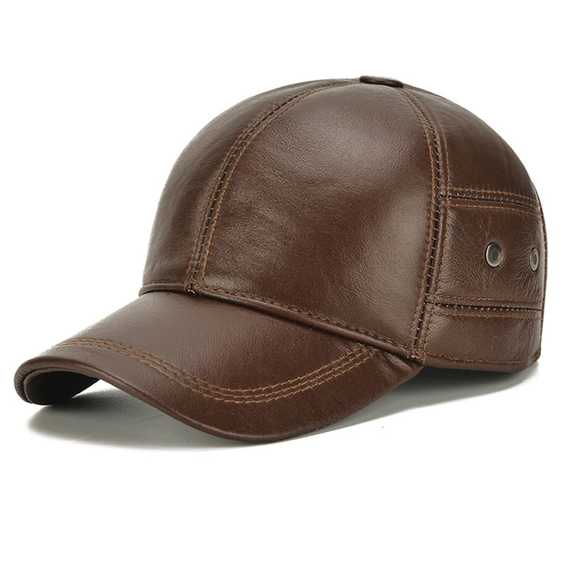 Men Cowhide hat Winter Warm Outdoor Protect Ear Casquette Real Leather Adjustable Baseball Cap