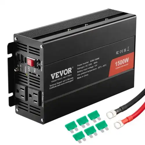 Modified Sine Wave Inverter, 1500W, DC 12V to AC 120V Power Inverter with 2 AC Outlets 2 USB Port 1 Type-C Port 6 Spare Fuses