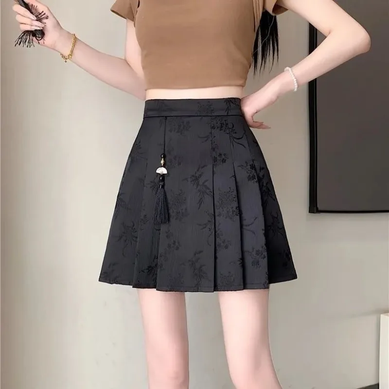 

Latest Summer Chinese Traditional Style Jacquard Horse-face Skirts Women's High Waisted Slim Pleated Plus Size Short Dresses