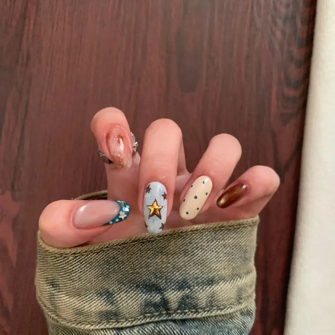 

10PCS Retro Medium Oval Press on Nails Handmade Star Polka Dots French Autumn Brown Cat Eye False Nails Sweet Cool Fake Nail Tip