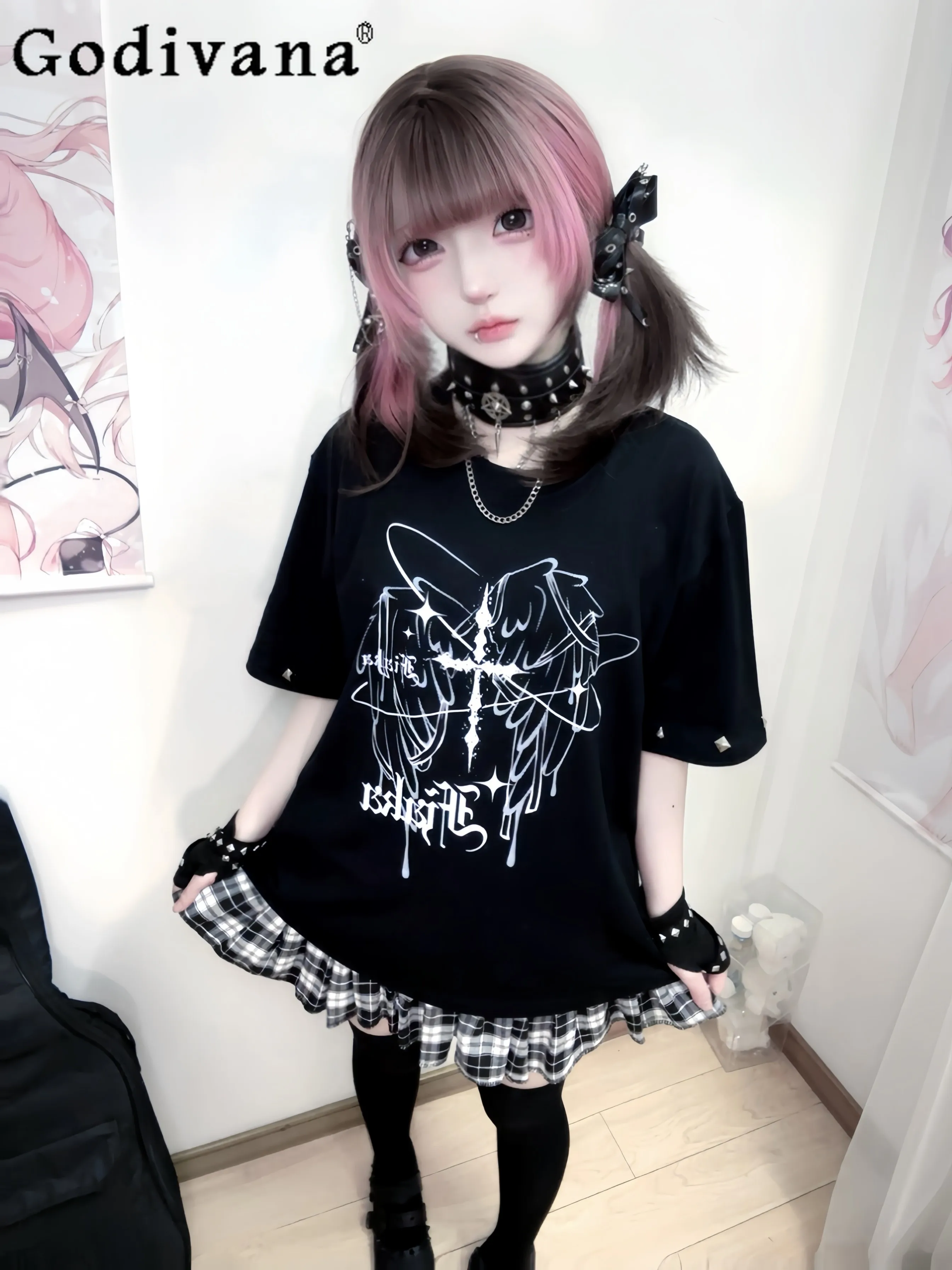 

Оригинальная черная оверсайз футболка в стиле Y2K для студентов, летняя новинка 2026 года, крутой панк-топ с коротким рукавом для девушек, одежда в стиле Харадзюку