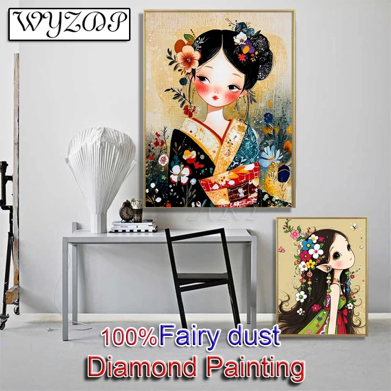 

WYZDP 100% Fairy Dust Diamond Painting Kit Catoon Girl Square Diamond embroidery Wall Art Stitch Diamond Art Full Crystal Decor