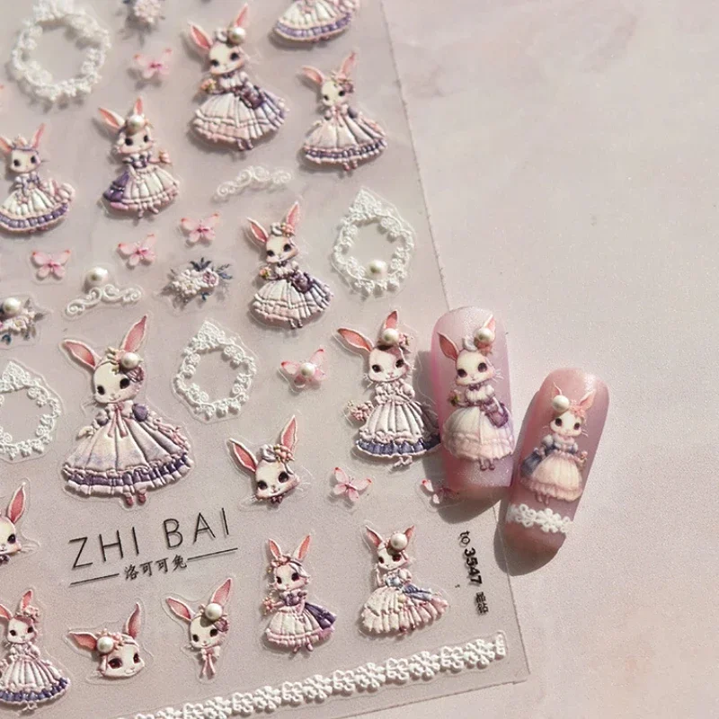 Cute Rococo Bunny Dress Pearl Butterfly Soft Relief Self Adhesive 5D Nail Art Decoration Easter Egg Rabbit Sticker 3D Nail Decal