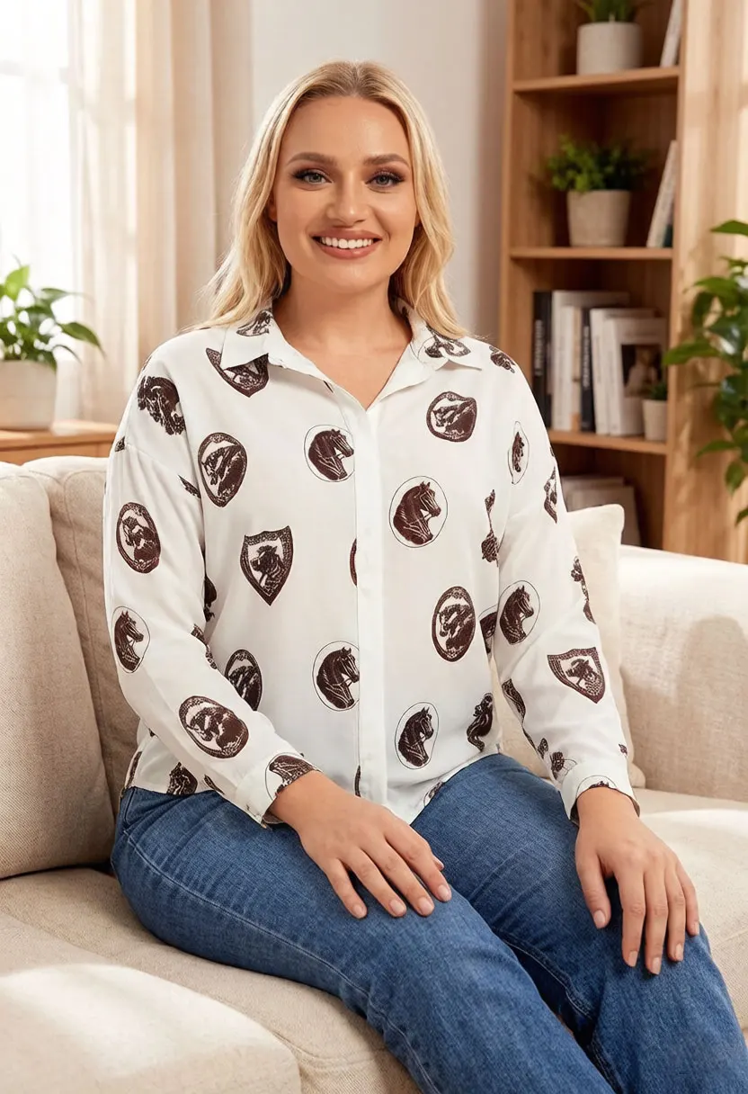 

Women Vintage Horse Print Blouse Long Sleeve Satin Shirt Casual V-Neck Button Down Top Elegant Office Work Wear