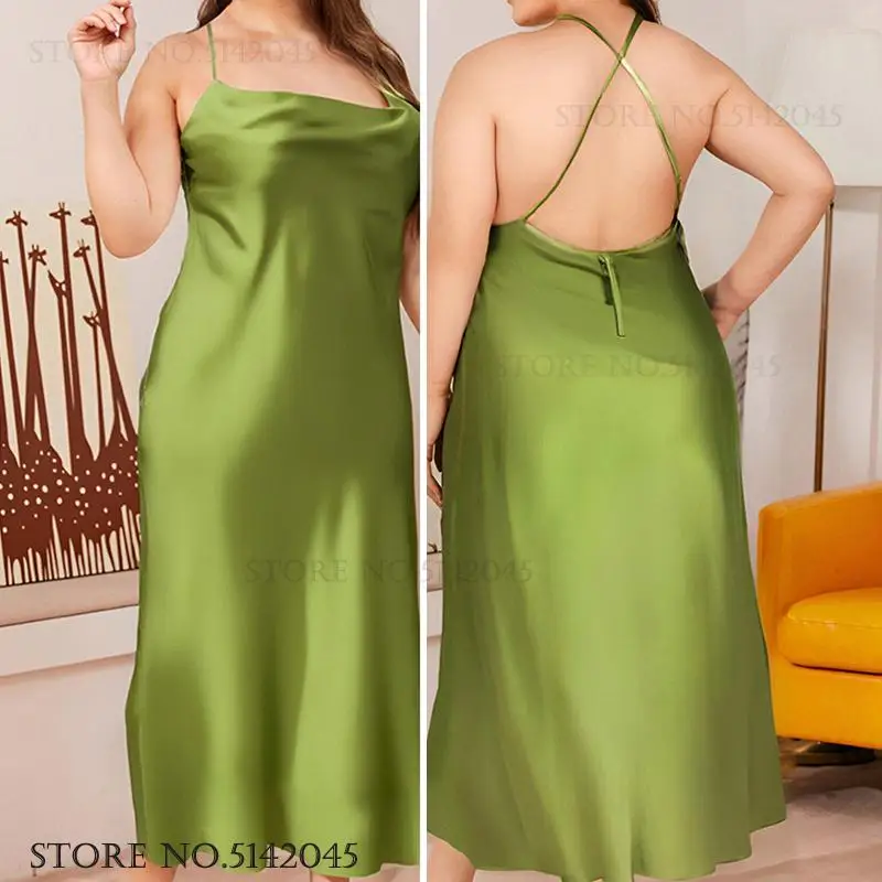 

Женская одежда для сна размера плюс 3XL, 4XL, 5XL, длинная сорочка, ночная рубашка, сексуальная ночная рубашка с открытой спиной и подтяжками, новая летняя атласная домашняя одежда