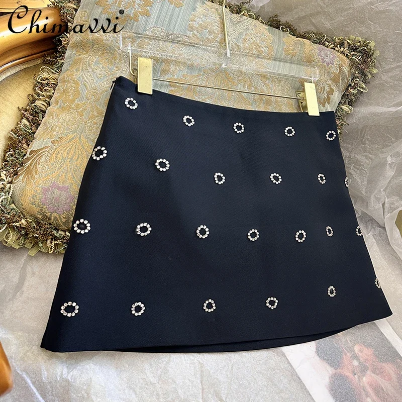 2024 Autumn Clothes New Heavy Industry Nail Drill Sweet Girl Women Skirt Fashion Temperament Polka Dot Short Black Skirts