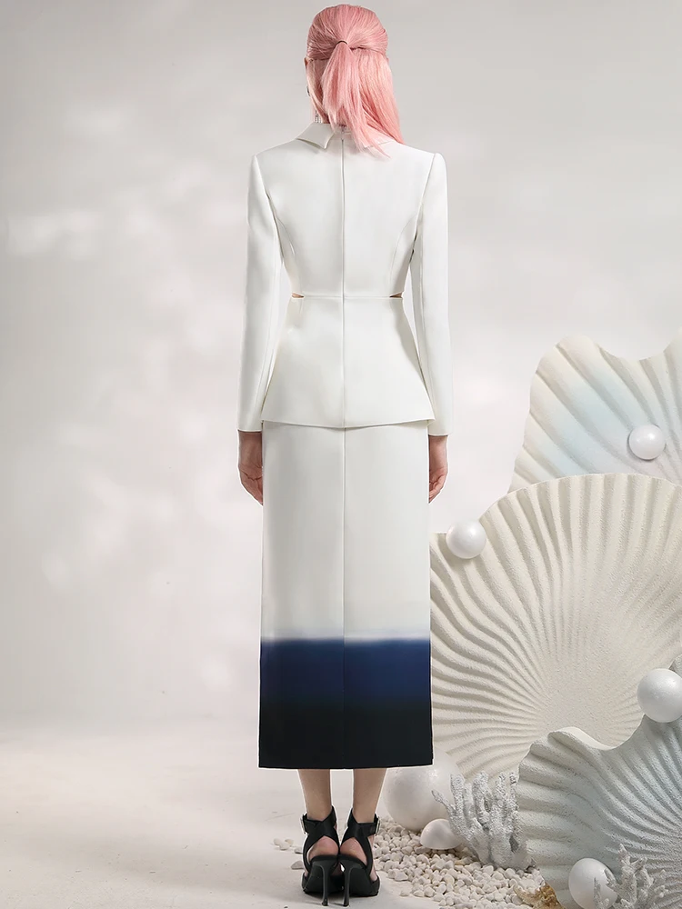 Set sfumato bianco 2024 nuovo Design retrò sfumato vestito ritorto Top gonna mezza lunghezza Office Lady 2 pezzi Set abiti donna