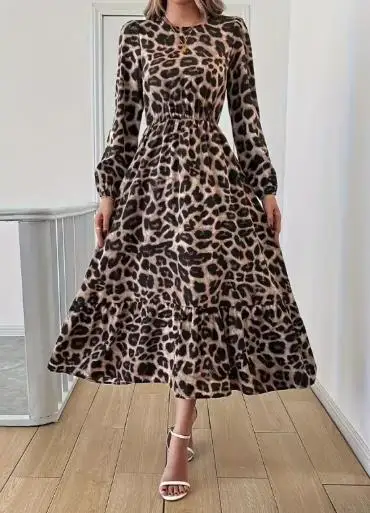 

Leopard Print Round Neck Long Sleeved Elegant Style Dress for Spring and Summer Women, Elegant High Waisted A-Line Dress