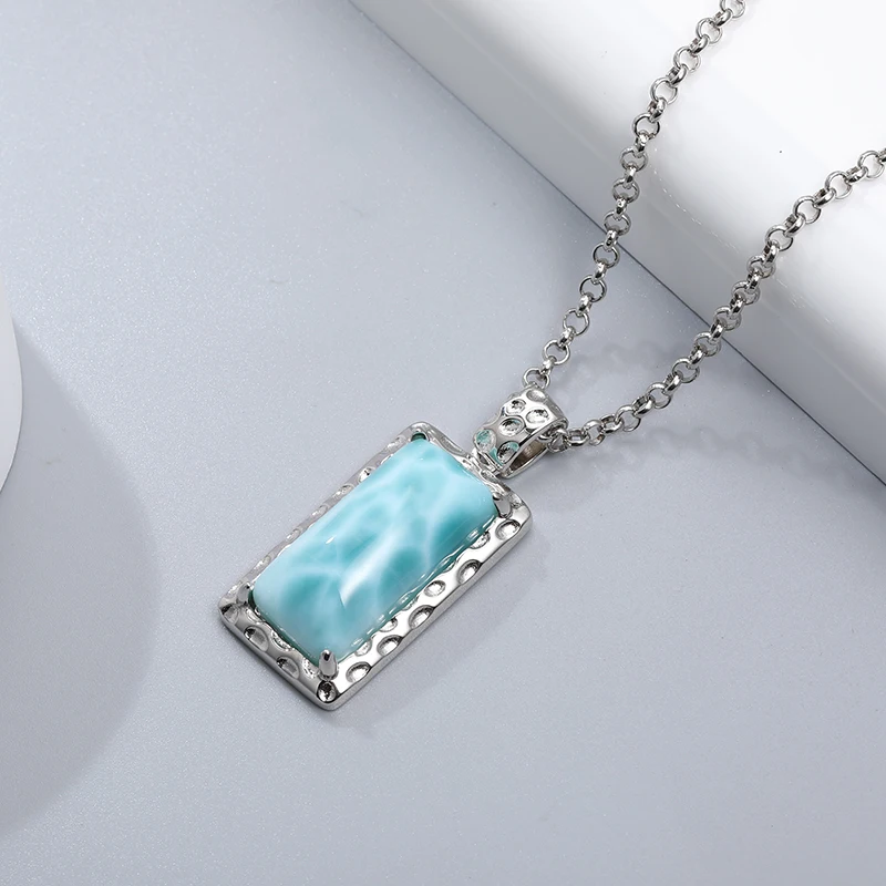 XYOP 925 Silver Gift Rectangular Pendant In Natural Blue Larimar Design, Collection Of Unique Wedding Party Occasions Fairy High