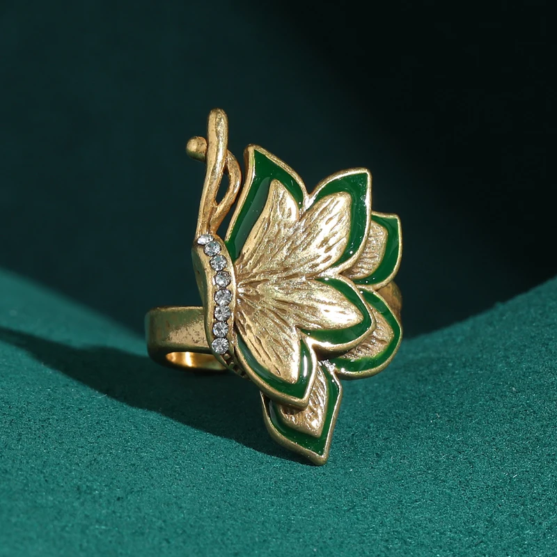 

Vintage Big Green Layered Enamel Rings With Butterfly Jewelry Antique Gold Color Accessories Luxury For Ladies New 2026 Arrivals