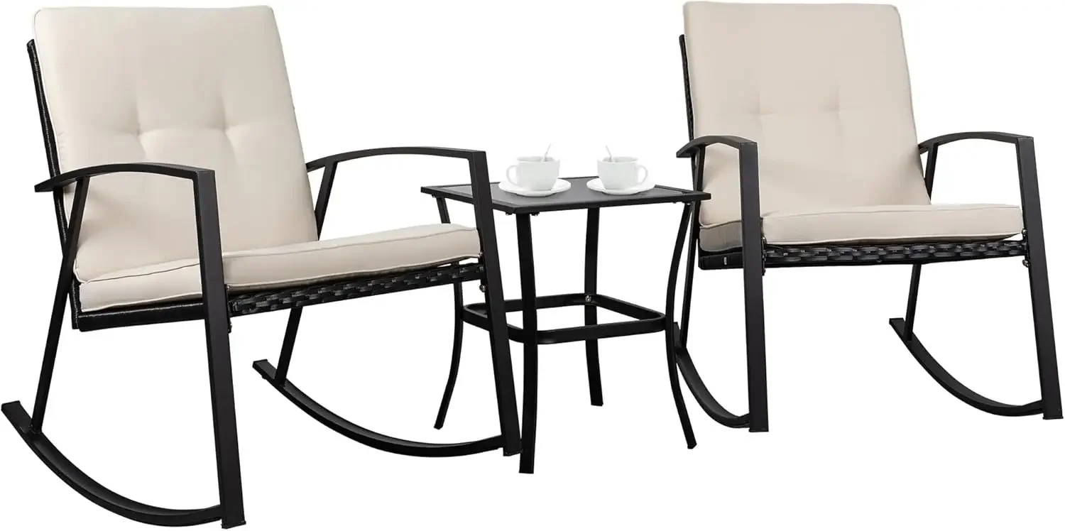 3 Pieces Rocking Bistro Set Wicker Patio Outdoor Furniture, 2 Rattan Porch Chairs Conversation Sets with Glass Coffee Table (Bei