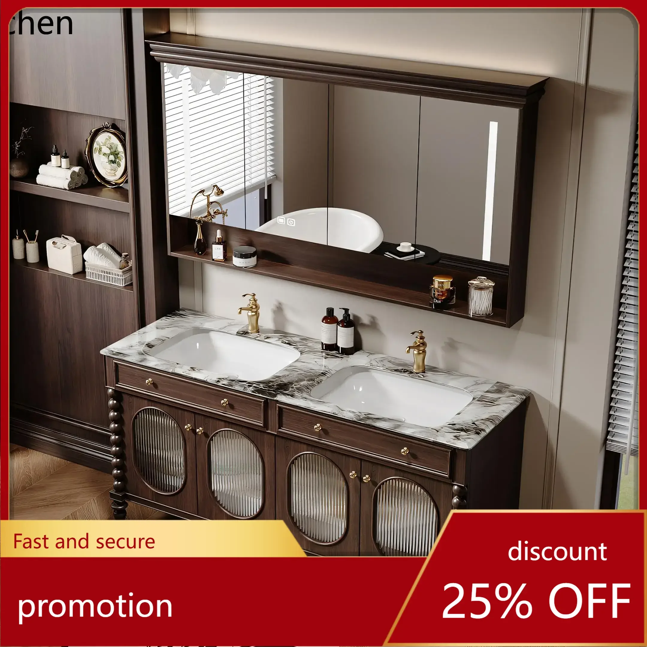 

CZ Baroque Luxury Stone Ceramic Double Basin Double Faucet Floor Type Plus Large Basin Bathroom Cabinet