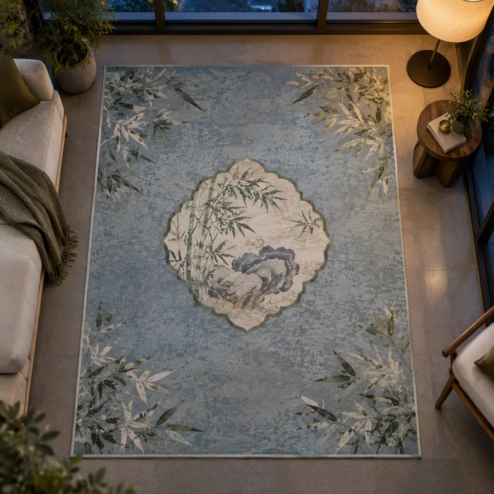 VIKAMA Floor Mat Dusty Blue Bamboo Shadow Stone Vintage Style Foldable Reading Nook Walk In Closet Bathroom Hallway Room Decor