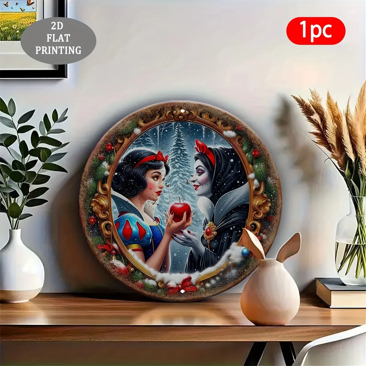 مسطح ثنائي الأبعاد - قطعة واحدة من لافتة حائط ألومنيوم مستديرة بطابع الأميرة - تصميم مسطح ثنائي الأبعاد مع مشهد شتوي ثلجي، فستان دانتيل أحمر وديكور تفاح، P