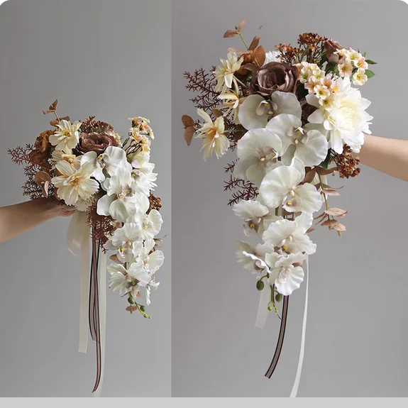 Natural holding simulation bouquet Phalaenopsis bride wedding photography silk flower home table decoration champagne coffee.