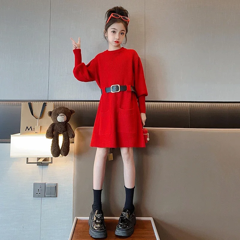 

French Style Children's Sweater Long Dress Thickened Warmth Knitwear Girl's Clothes Black Khaki Red Kids Pullover Tops R346