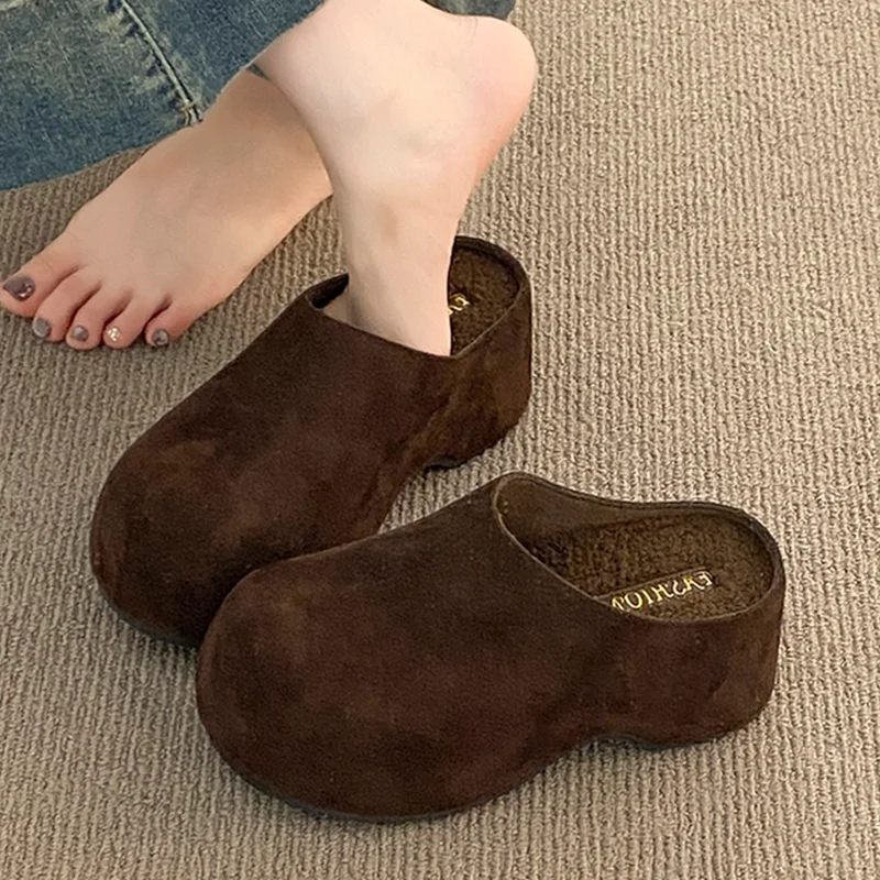 شباشب نسائية من جلد الغزال أحذية البغال بكعب عالي أحذية قطنية للثلج غير رسمية 2025 شباشب منزلية جديدة فستان شتوي مريح أحذية امرأة #5