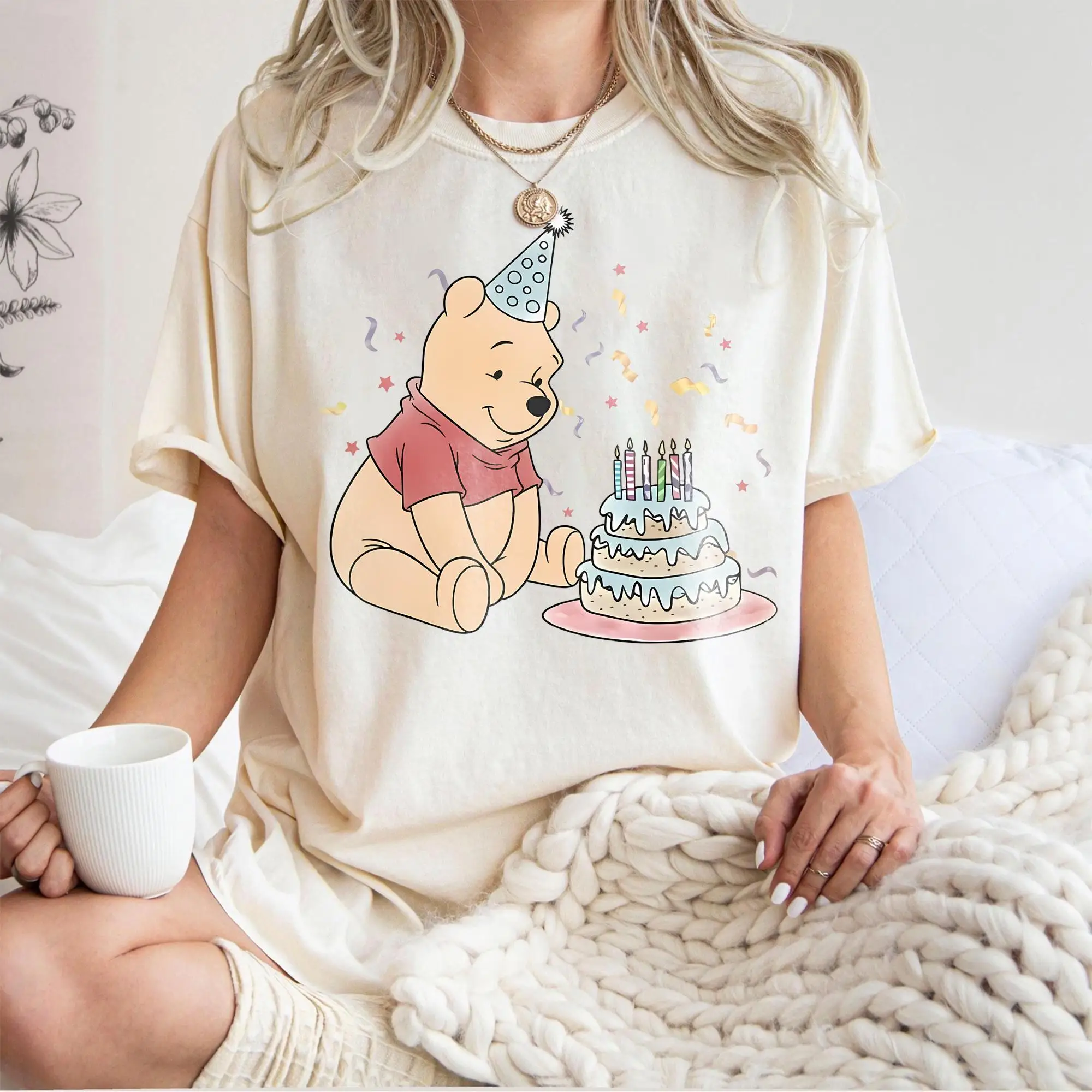 

Plus Size Women's Classic Disney Winnie The Pooh Birthday TShirt Disneyland Trip Vacation Shirt Pure Cotton Streetwear Oversized