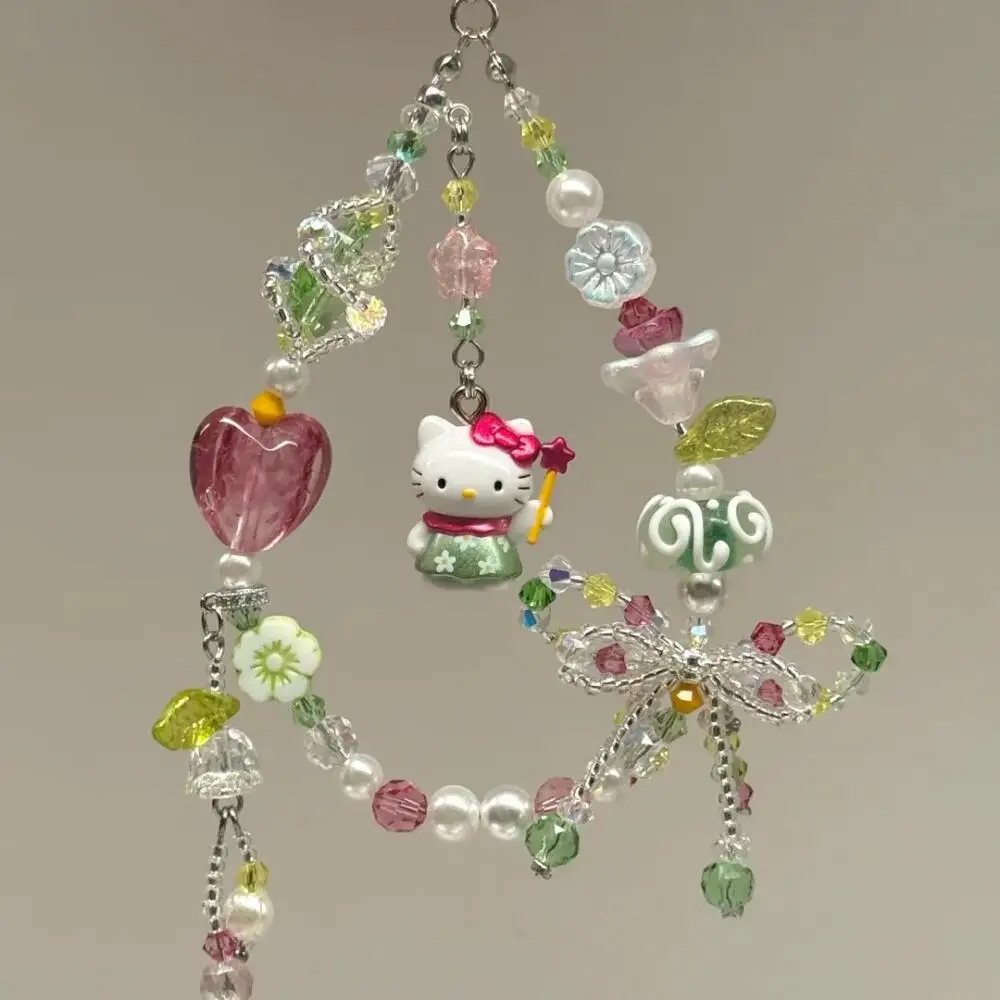 

Cute cartoon Hello Kitty pendant phone chain decoration CCD camera lanyard Fashionable green bead key chain Girl's birthday gift