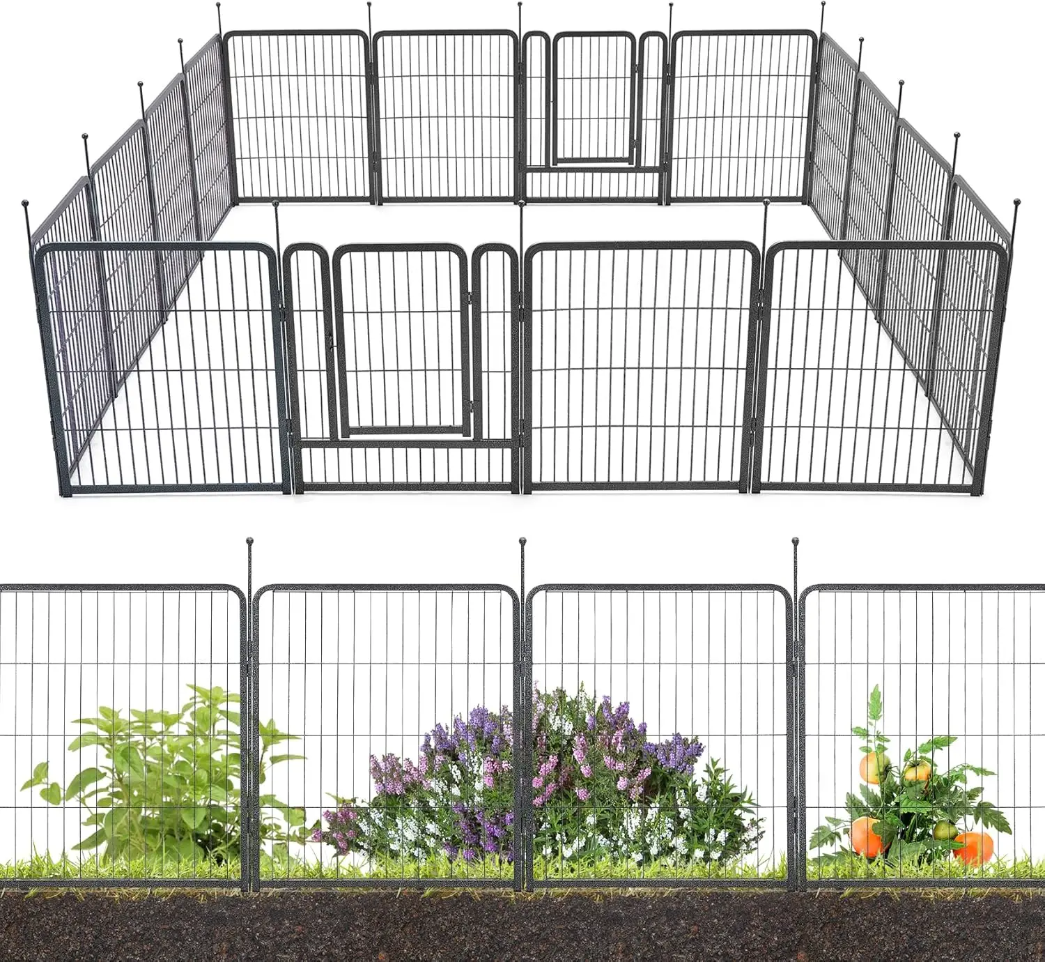 Garden Fence 16 Panels 36ft×32in Decorative Garden Metal Fence with 2 Gates Outdoor Landscape Animal Barrier Dog Pet