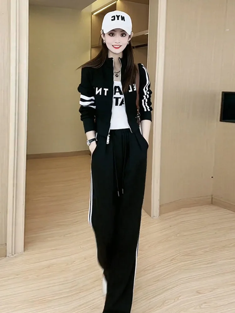 

Спортивный повседневный женский комплект для похудения: черный верх и брюки с широкими штанинами, модный европейский стиль, осенняя коллекция