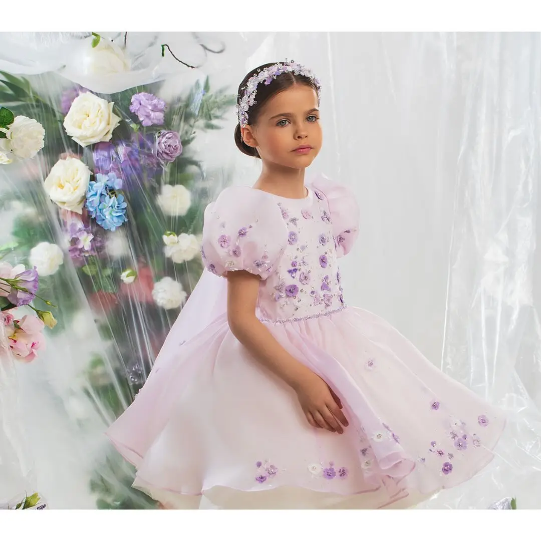 

Applique Flower Girl Dress For Wedding Tulle Elegant Knee Length Puffy Baby Kids Birthday Party First Communion Ball Gown