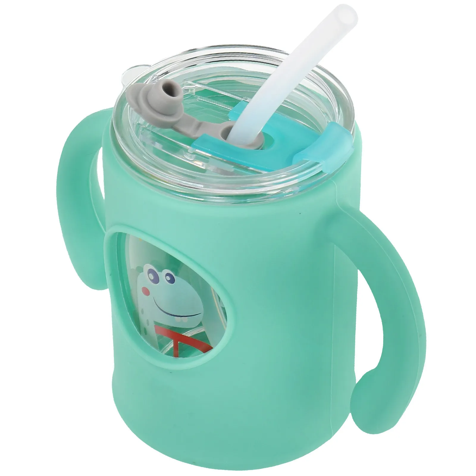 

Cartoon Glass Toddler Cup Double Handle Straw Milk Mug Unbreakable Spill Proof Baby Use Water Drinking Cup for Kids